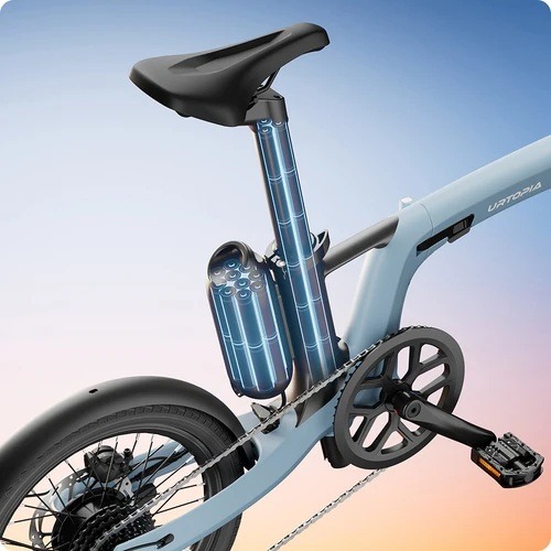 Urtopia Carbon Fold 2 with optional external battery behind the seatpost, manufacturer product illustration Urtopia Carbon Fold 2 with optional external battery behind the seatpost, manufacturer product illustration