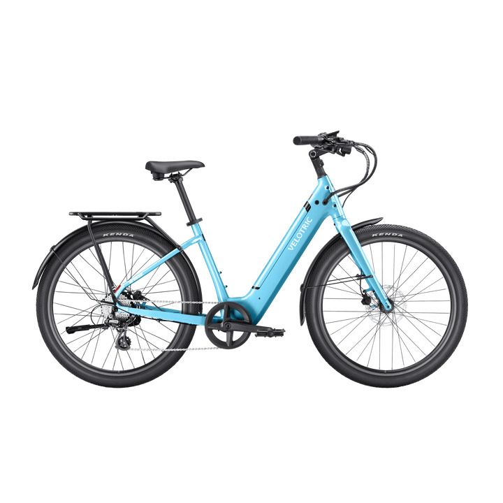 Velotric Breeze 1 in Ocean Mist, side view with optional rack and fenders Velotric Breeze 1 in Ocean Mist, side view with optional rack and fenders