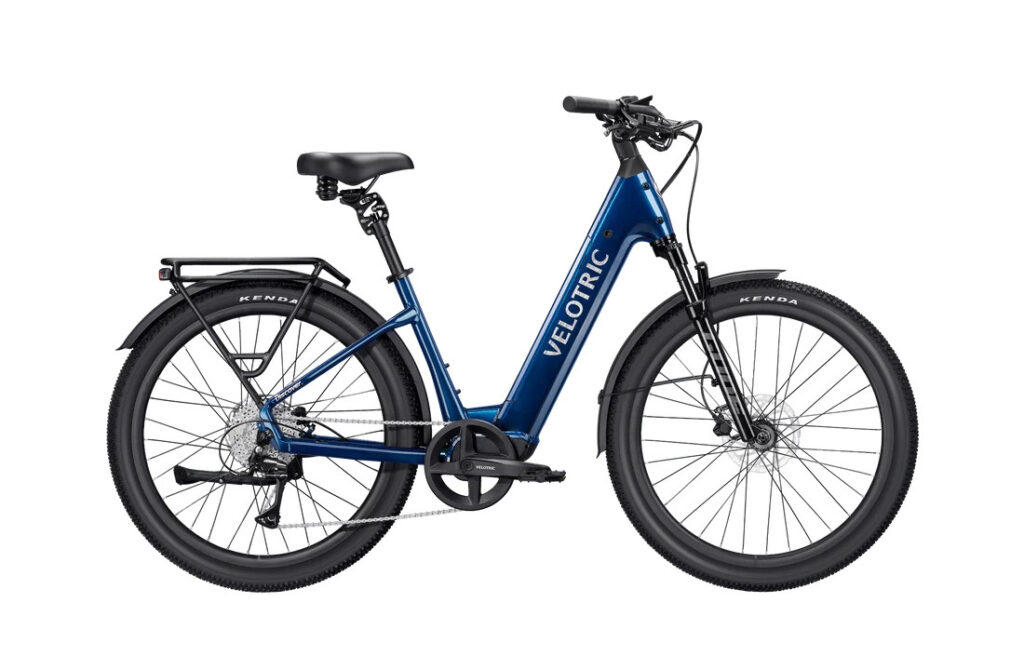 Velotric Discover 3 in Lemans Blue, full drive-side profile with rear hub motor