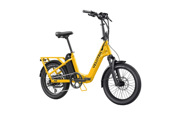 Velotric Fold 1 Plus in Mango, front three-quarter view Velotric Fold 1 Plus in Mango, front three-quarter view