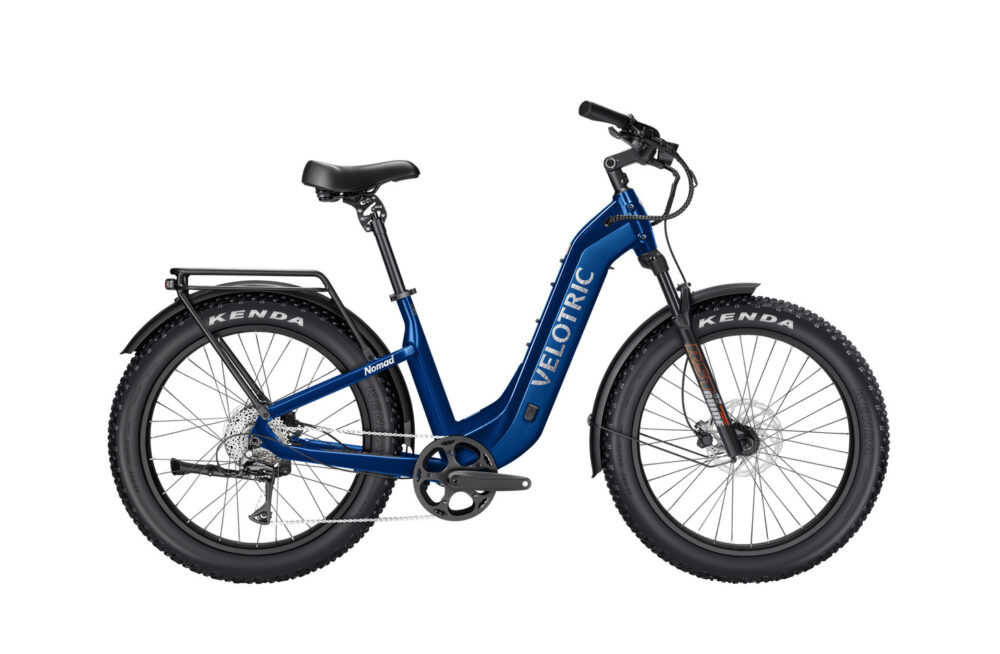 Velotric Nomad 2 in Midnight Blue, step-through frame and full side view