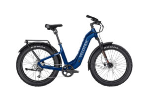 Velotric Nomad 2 in Midnight Blue, step-through frame and full side view